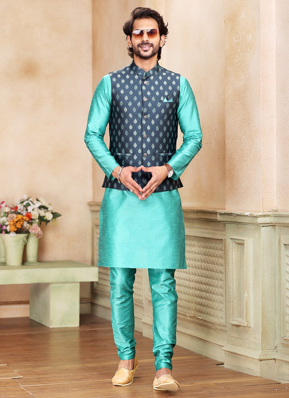 Fancy Work Banarasi Silk, Jacquard Green, Grey Kurta Payjama With Jacket - M5370