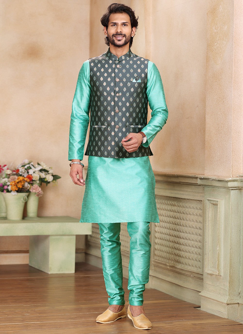 Fancy Work Banarasi Silk, Jacquard Green, Grey Kurta Payjama With Jacket - M5370
