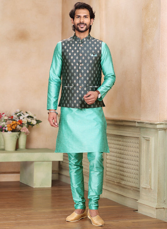 Fancy Work Banarasi Silk, Jacquard Green, Grey Kurta Payjama With Jacket - M5370