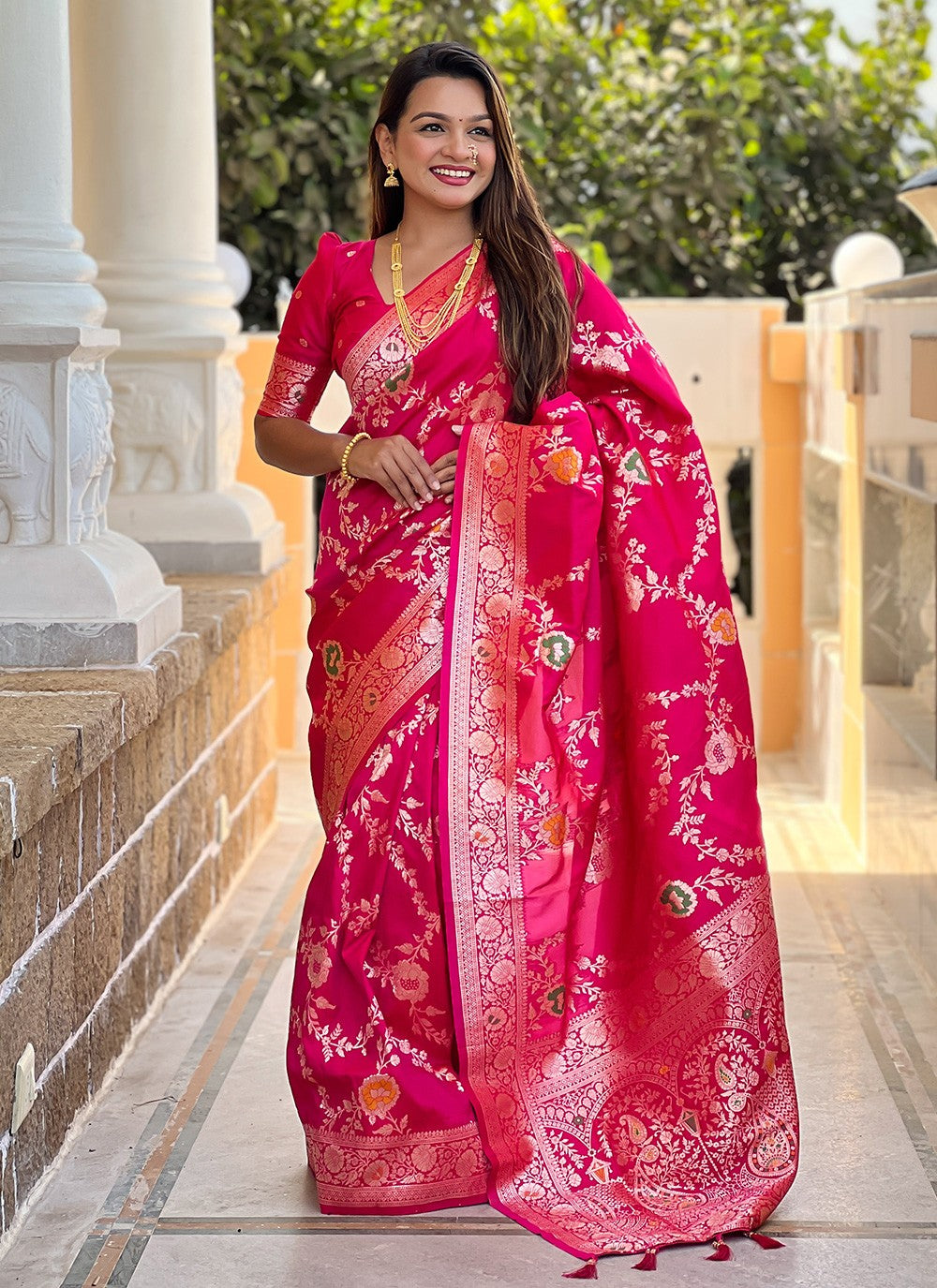 Pink Banarasi Silk Classic Saree Meenakari S16331