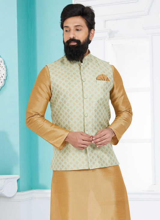 Fancy Work Banarasi Silk Green Nehru Jackets - M7504