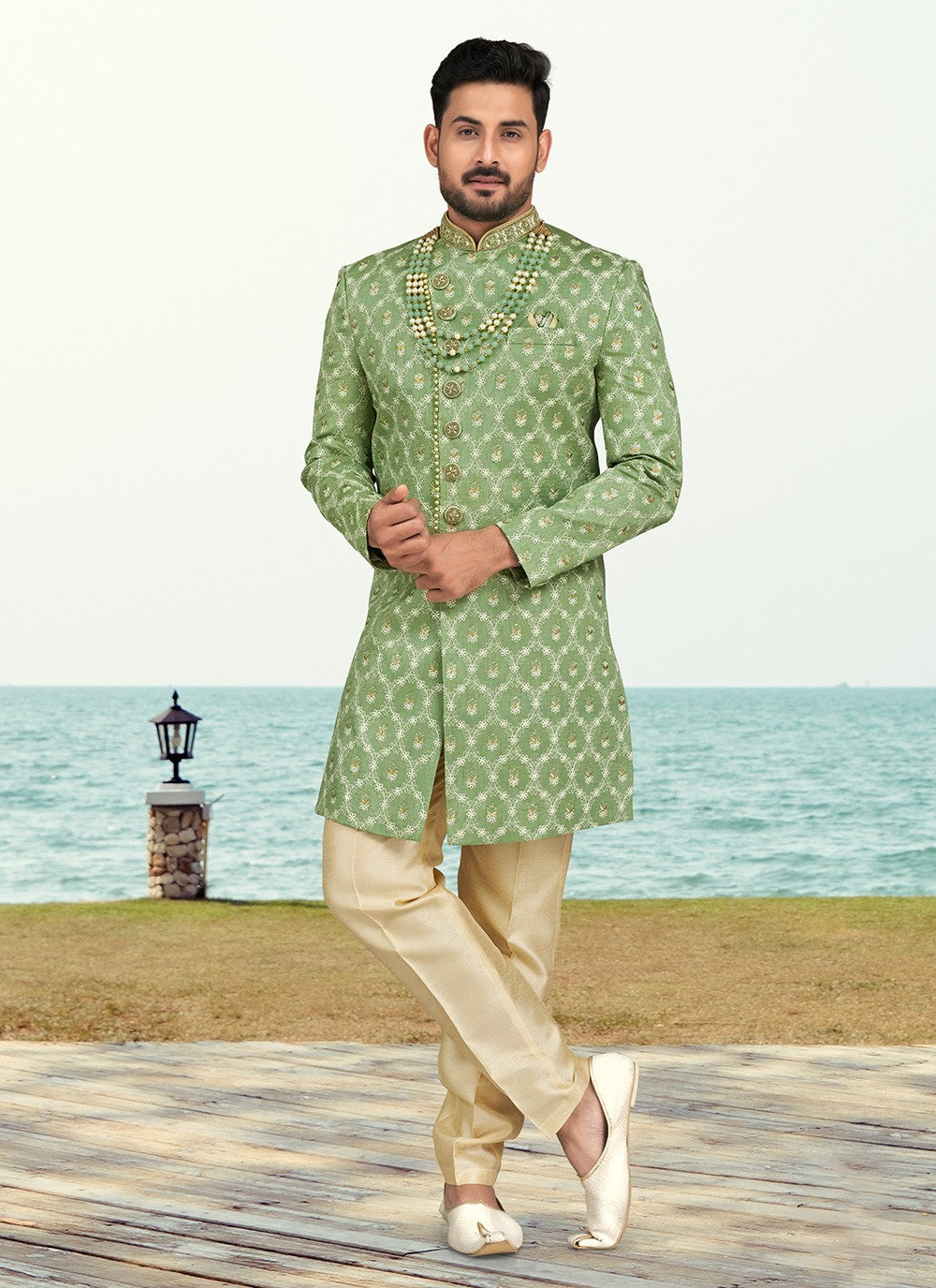 Buttons Banarasi Silk Green Indo Western Sherwani - M6599