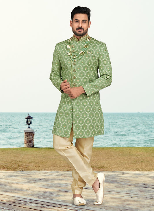 Buttons Banarasi Silk Green Indo Western Sherwani - M6599