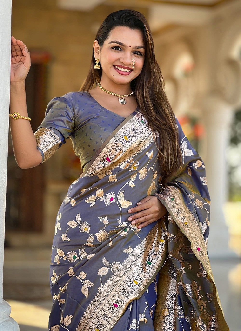 Grey Banarasi Silk Trendy Saree Jacquard Work S16584