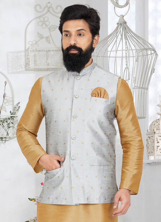 Printed Banarasi Silk Grey Nehru Jackets - M7496