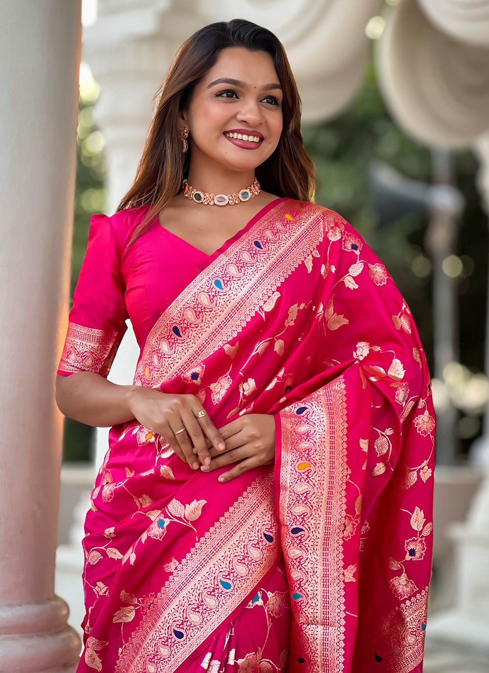 Pink Banarasi Silk Contemporary Saree Jacquard Work, Woven S16591