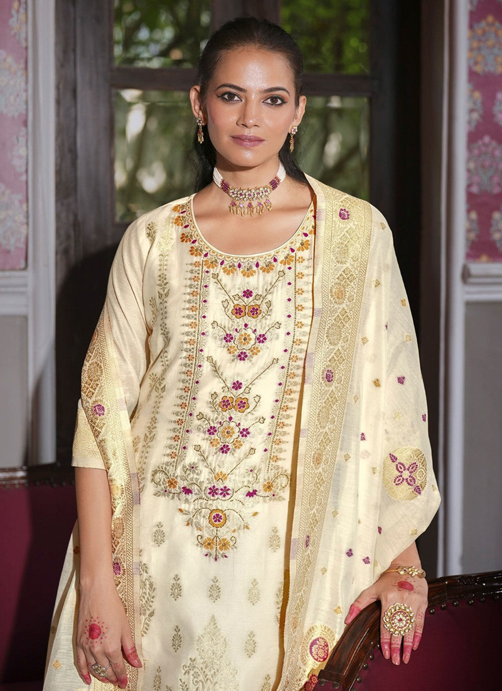 Pant Style Suit Hand Embroidery, Jacquard Work, Woven Cream T8169