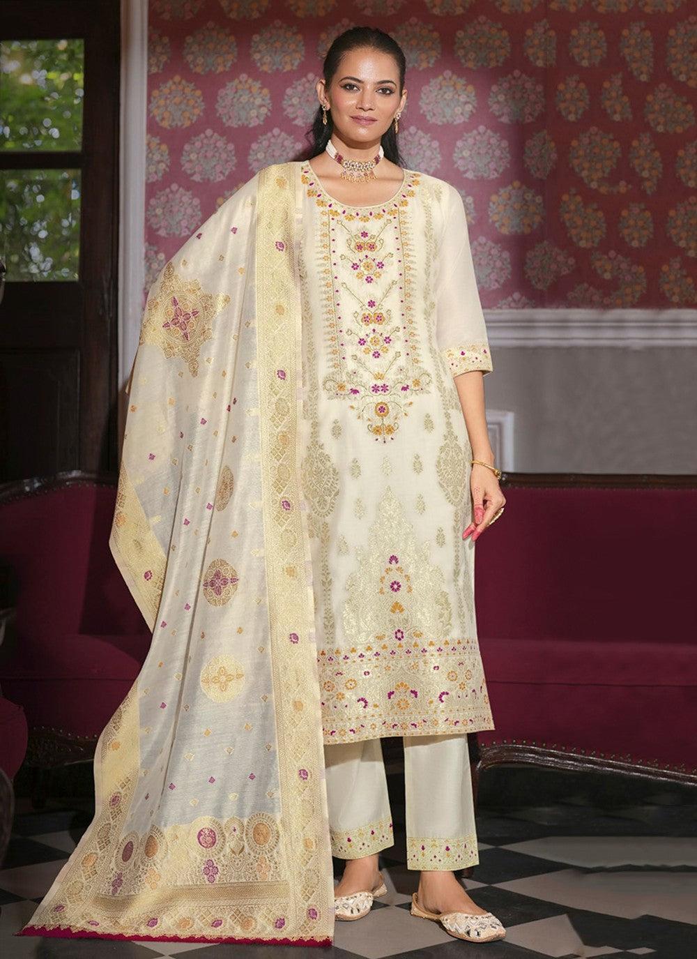Pant Style Suit Hand Embroidery, Jacquard Work, Woven Cream T8169
