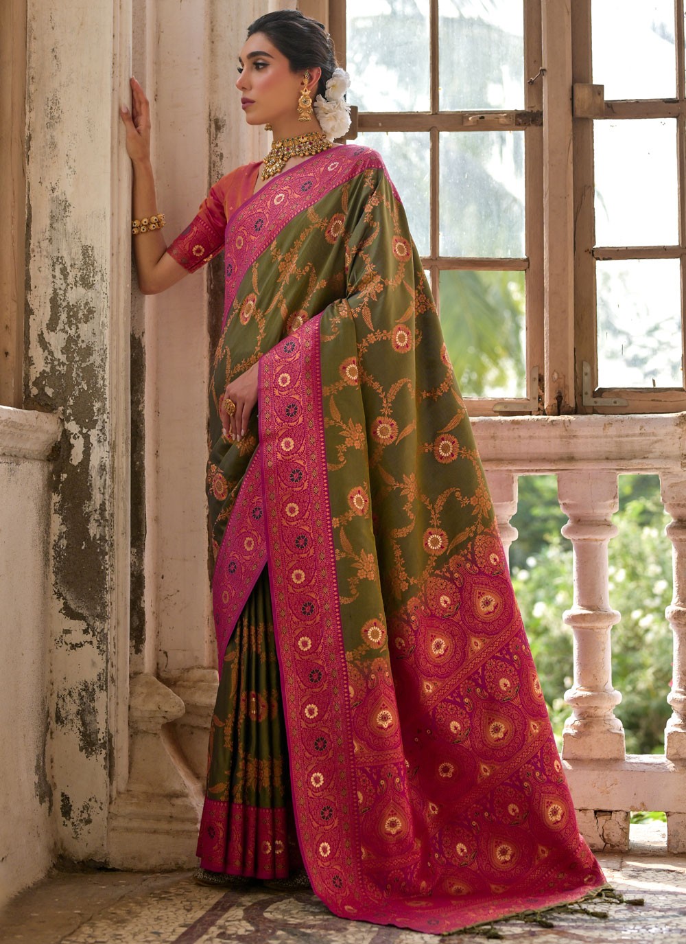 Traditional Woven Khaki Banarasi Silk Saree S13009