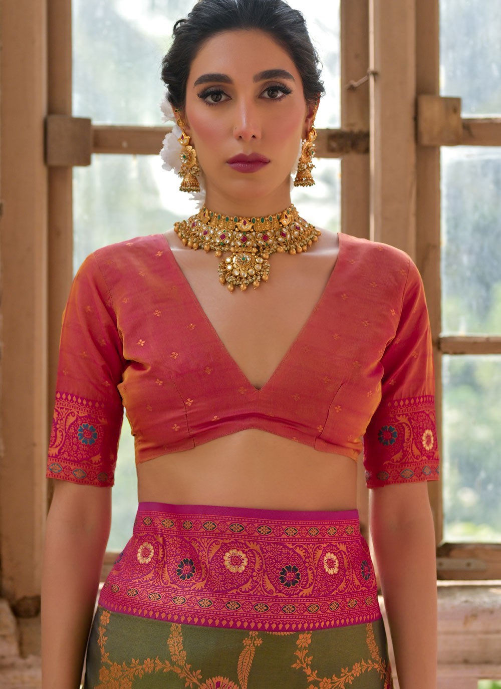 Traditional Woven Khaki Banarasi Silk S13009