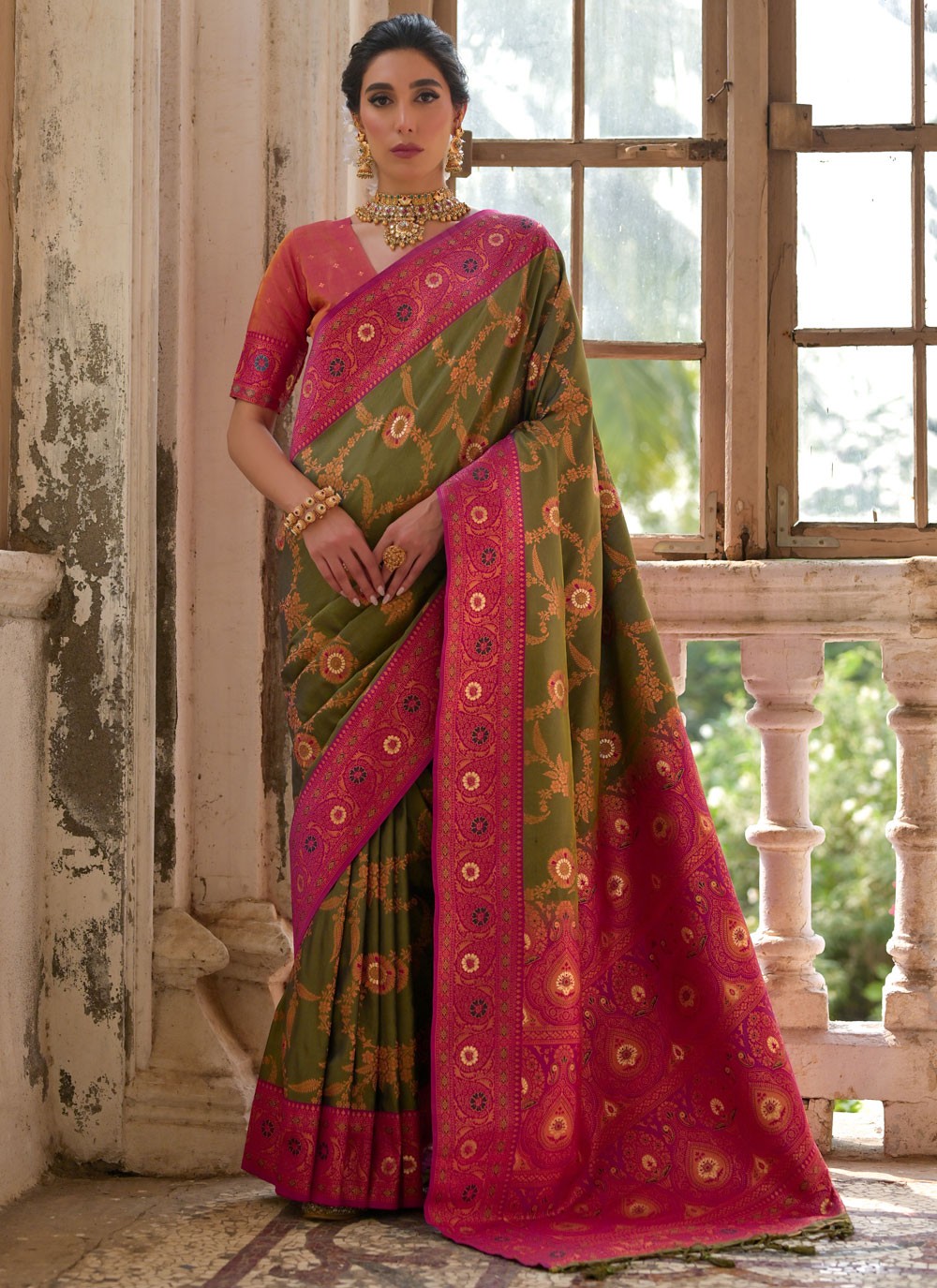 Traditional Woven Khaki Banarasi Silk S13009