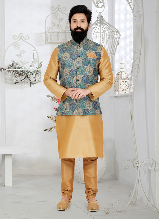 Embroidered Banarasi Silk, Polyester Beige, Multi Colour Kurta Payjama With Jacket - M5542