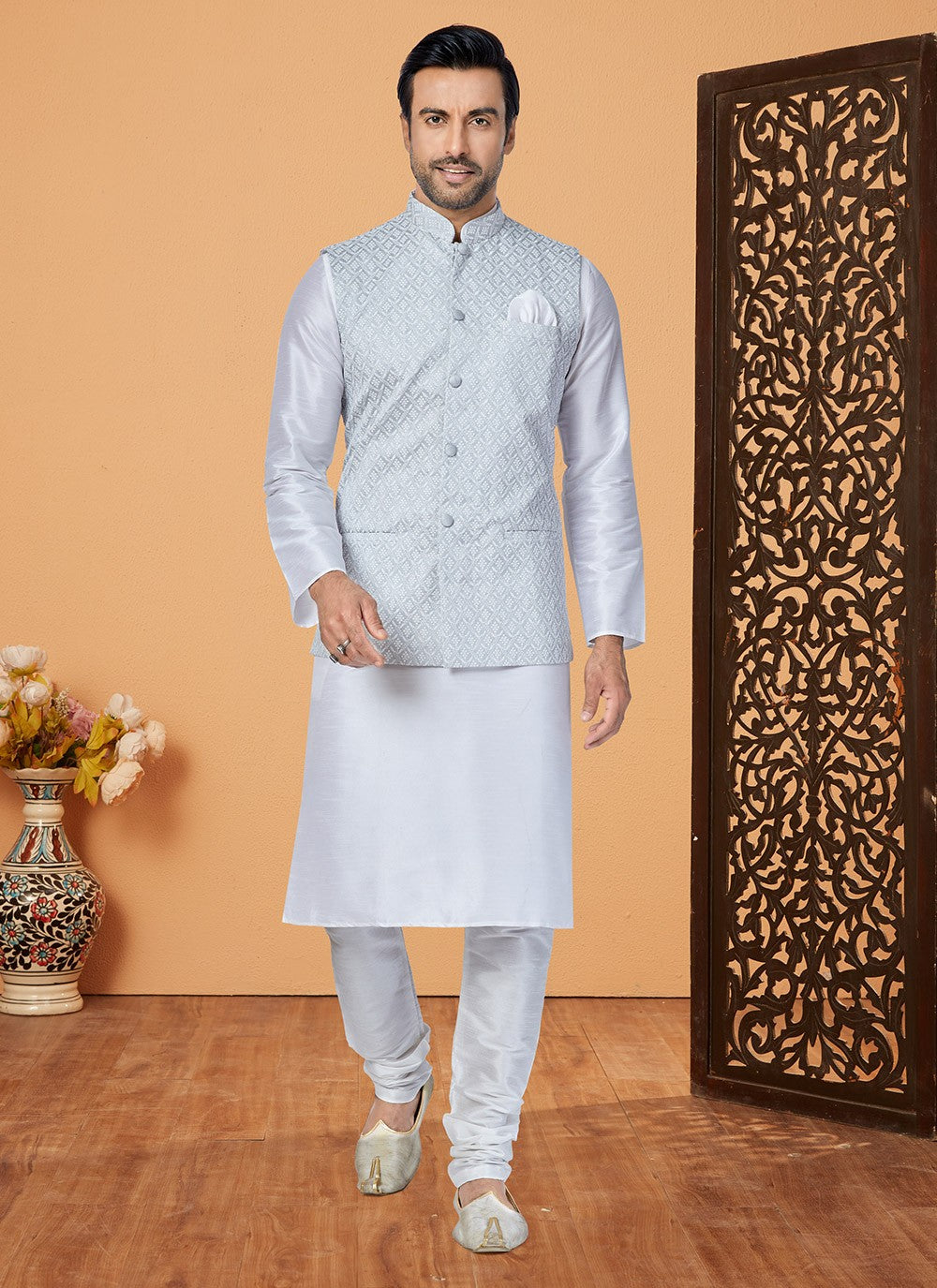 Fancy Work Banarasi Silk Grey, Off White Kurta Payjama With Jacket - M5307