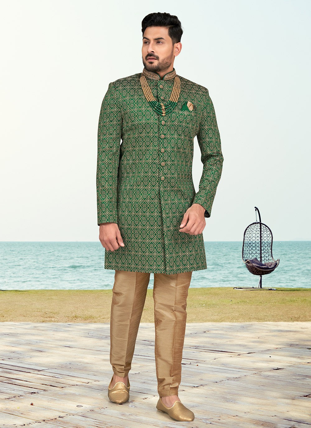 Machine Embroidery Banarasi Silk Green Sherwani - M6794