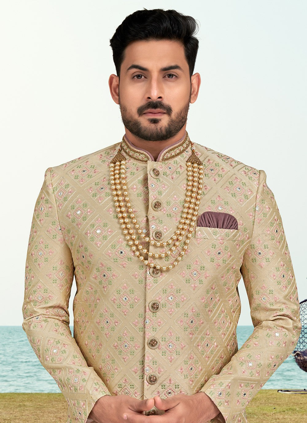 Machine Embroidery Banarasi Silk Beige Sherwani - M6791