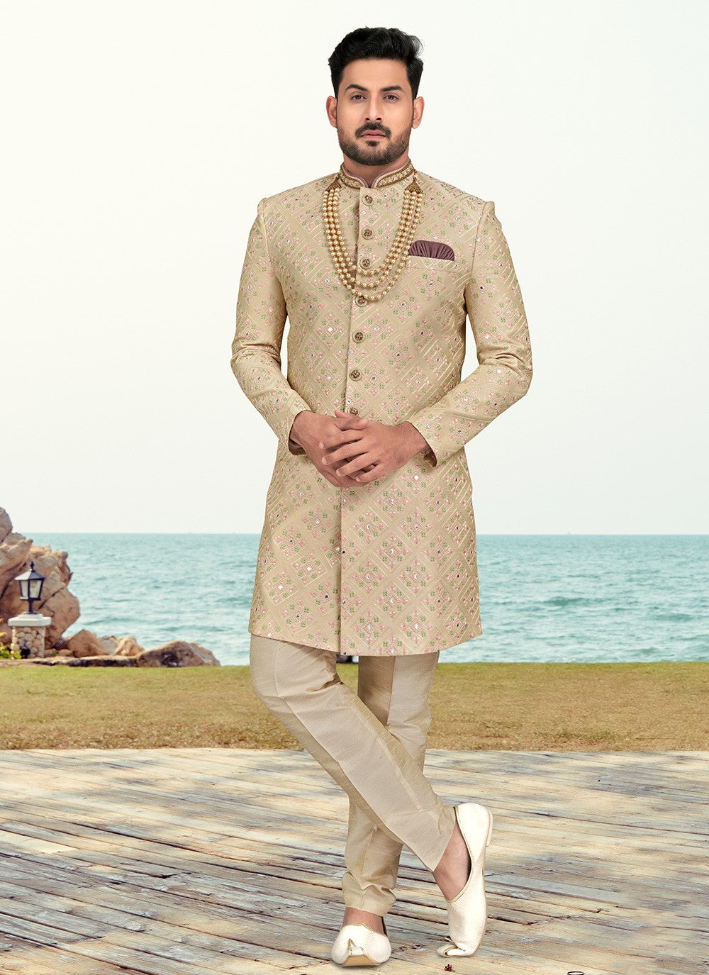 Machine Embroidery Banarasi Silk Beige Sherwani - M6791