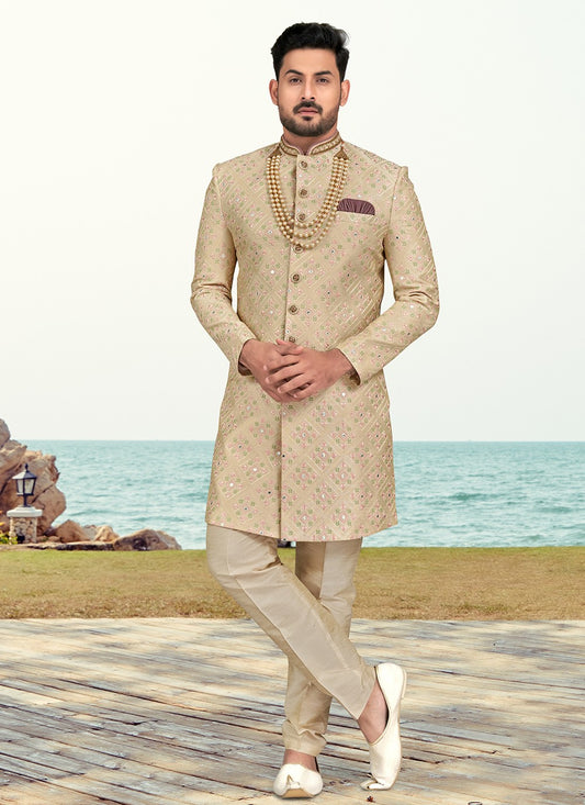Machine Embroidery Banarasi Silk Beige Sherwani - M6791
