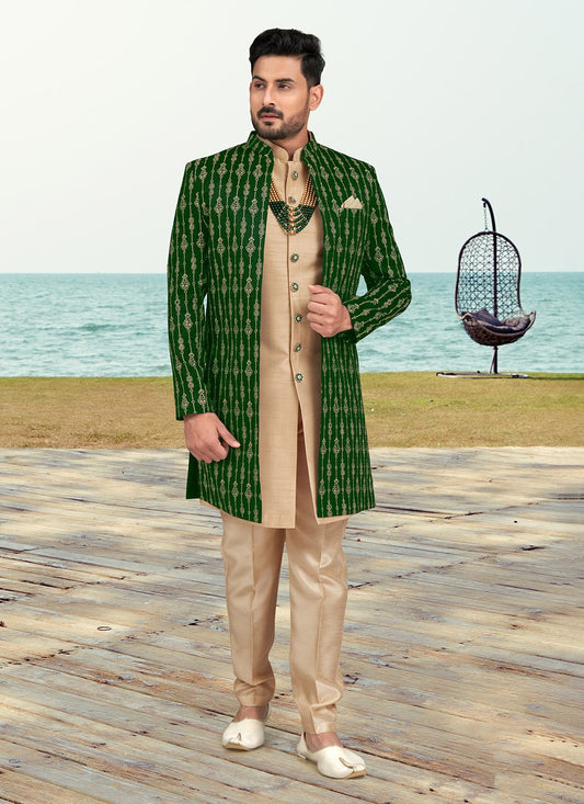 Machine Embroidery Banarasi Silk Cream, Green Sherwani - M6777