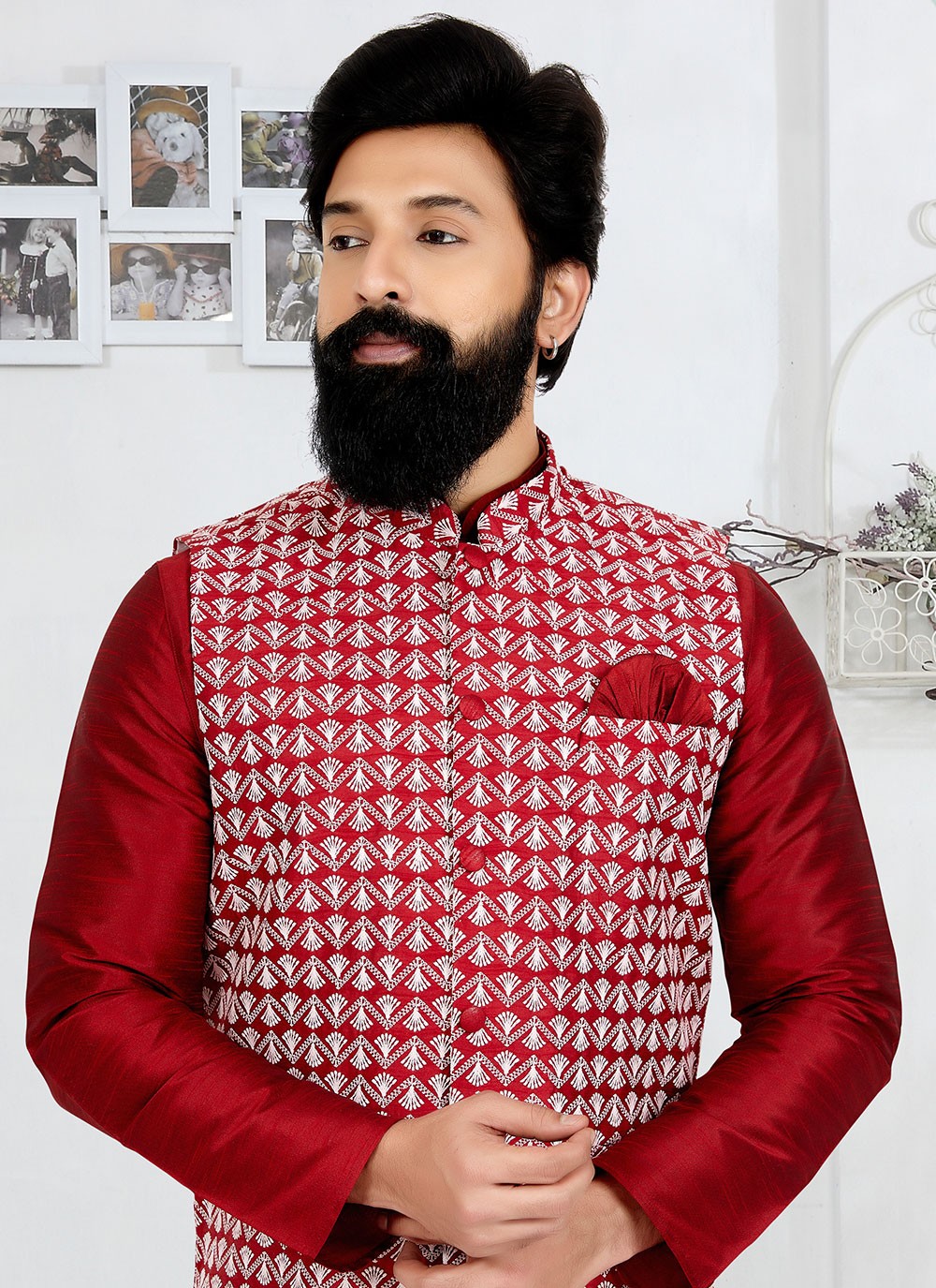 Fancy Work Banarasi Silk Maroon, Red Kurta Payjama With Jacket - M5305