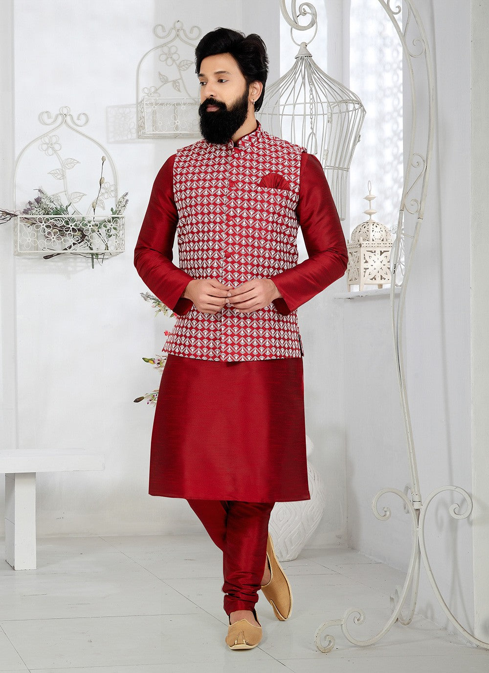 Fancy Work Banarasi Silk Maroon, Red Kurta Payjama With Jacket - M5305