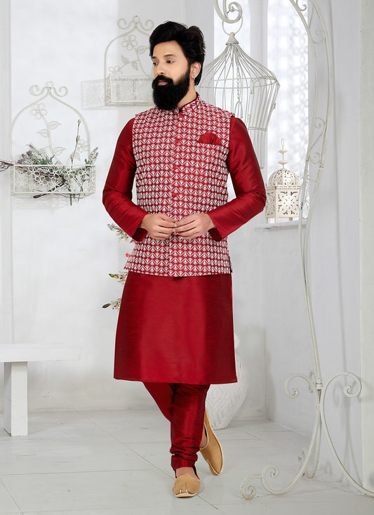 Fancy Work Banarasi Silk Maroon, Red Kurta Payjama With Jacket - M5305