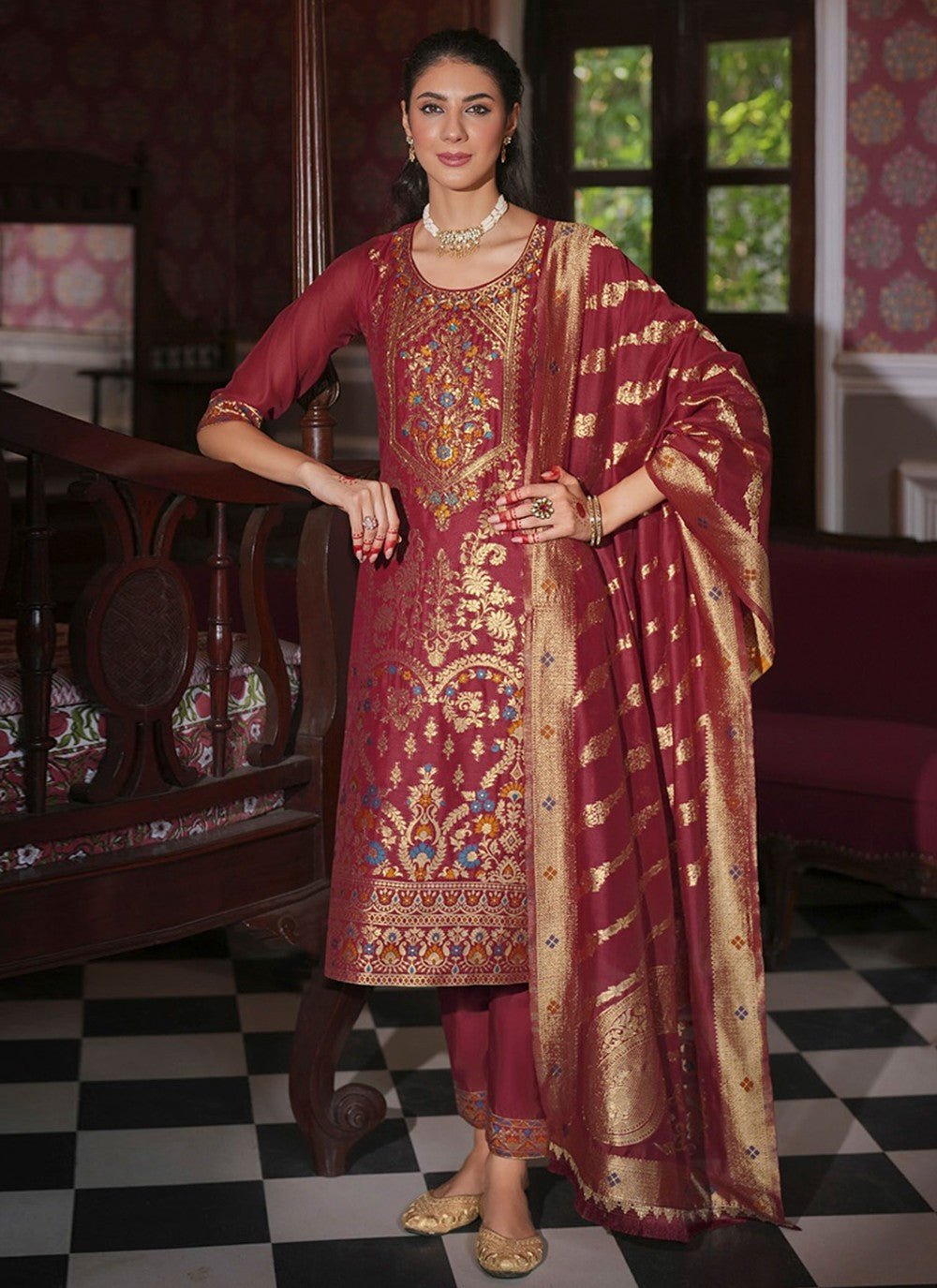 Pant Style Suit Hand Embroidery, Jacquard Work, Woven Maroon T8167