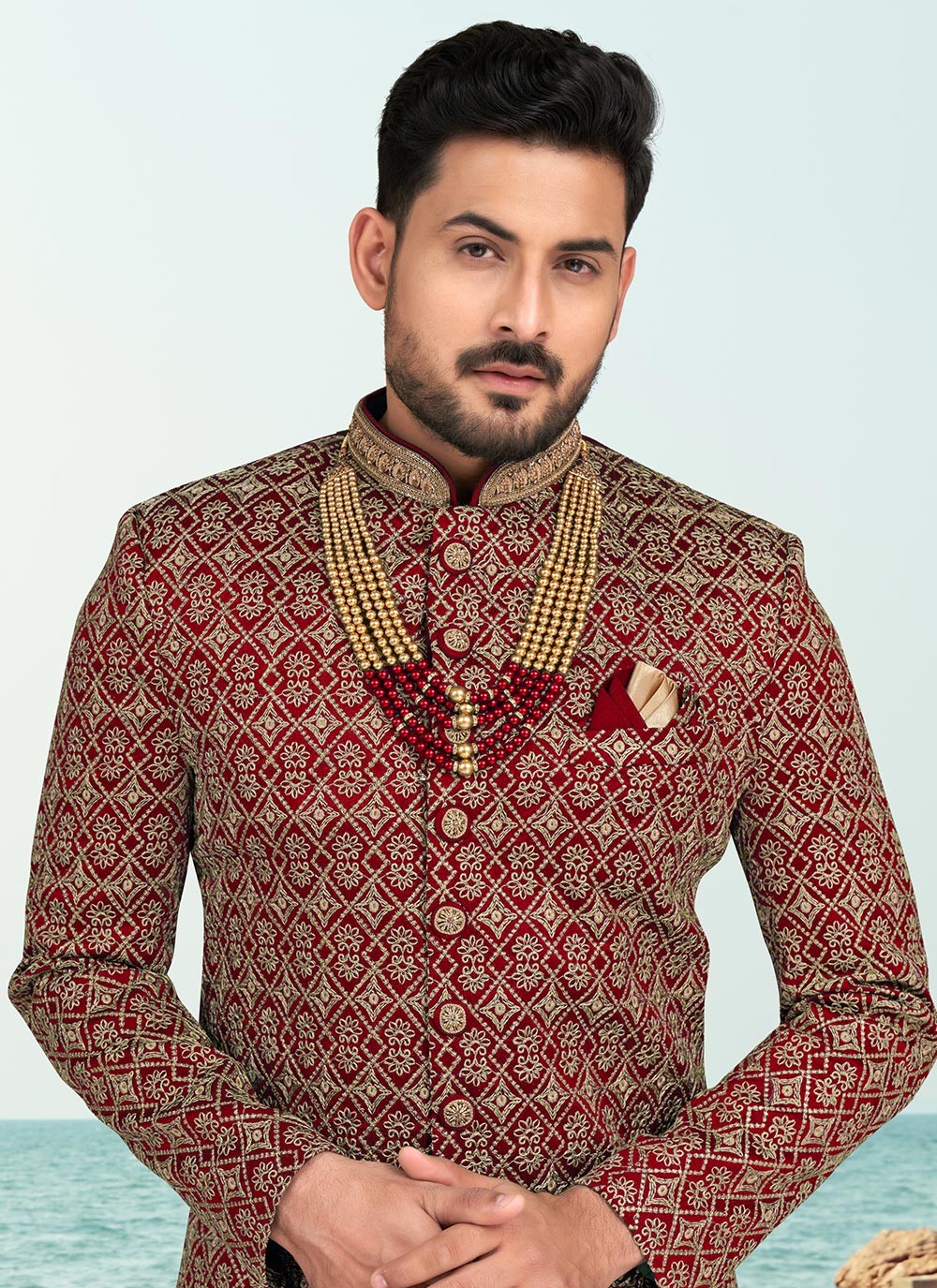 Machine Embroidery Banarasi Silk Maroon Sherwani - M6804