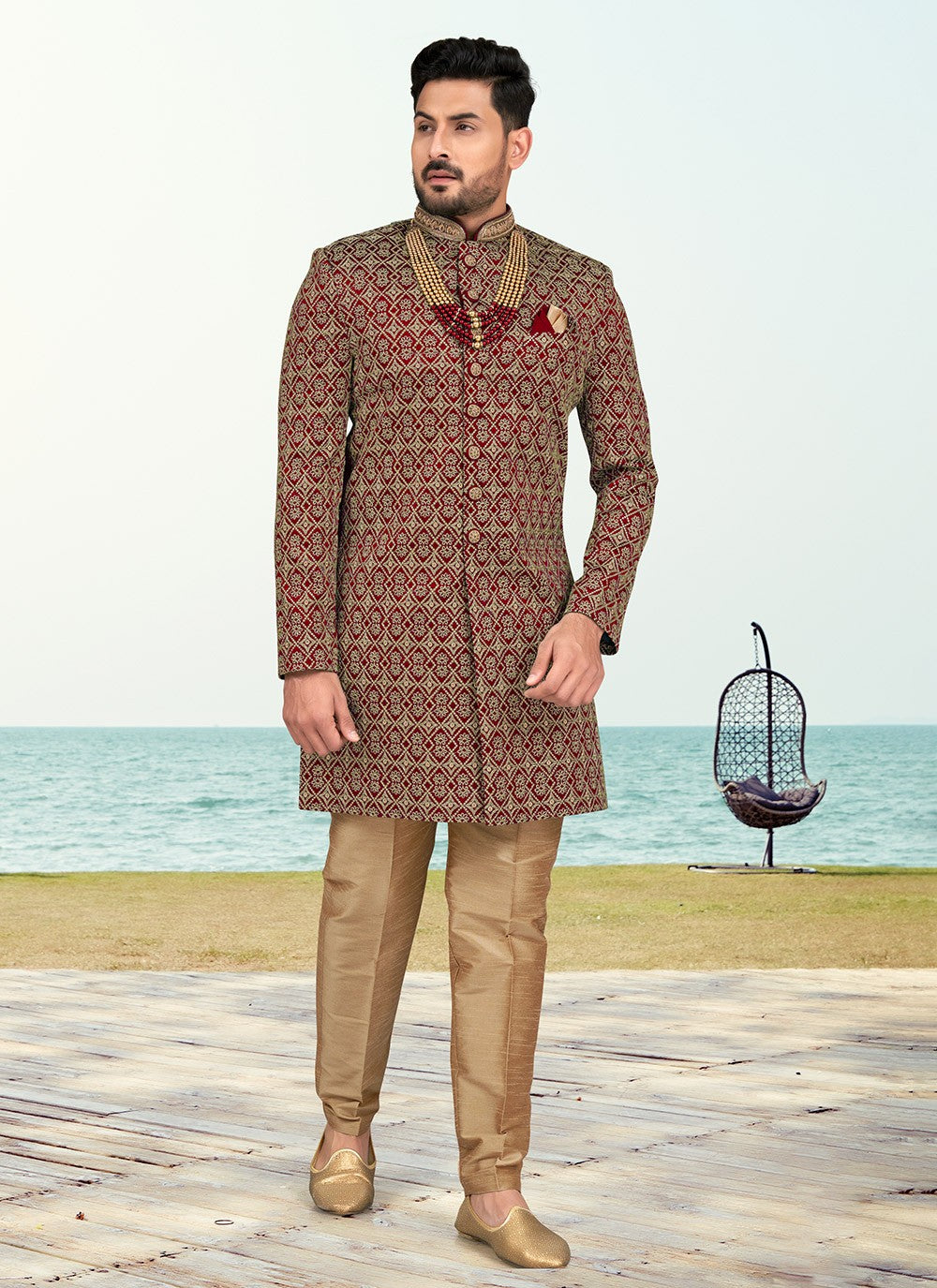 Machine Embroidery Banarasi Silk Maroon Sherwani - M6804