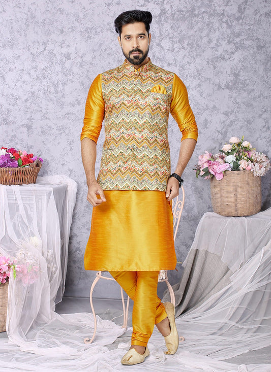 Embroidered Banarasi Silk, Poly Silk Multi Colour, Mustard Kurta Payjama With Jacket - M5551