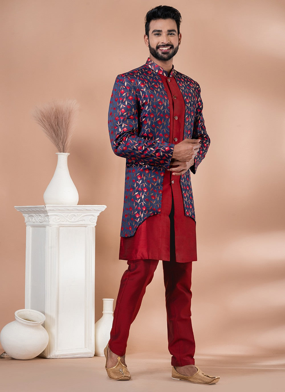 Jacquard Work Banarasi Silk, Jacquard Navy Blue, Red Indo Western - M7040