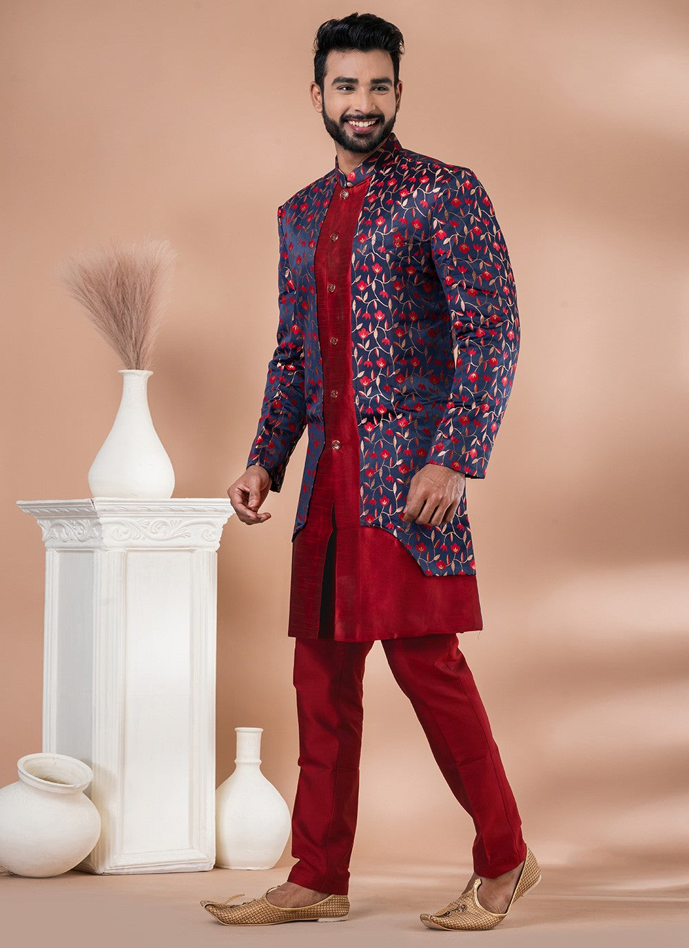 Jacquard Work Banarasi Silk, Jacquard Navy Blue, Red Indo Western - M7040