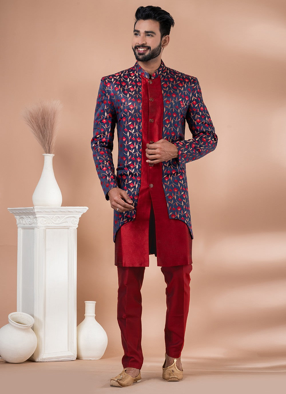 Jacquard Work Banarasi Silk, Jacquard Navy Blue, Red Indo Western - M7040