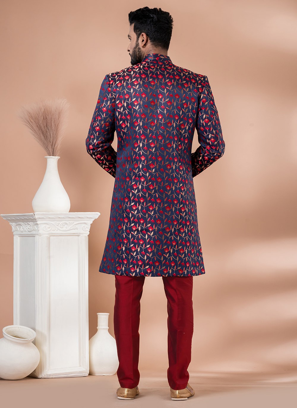 Jacquard Work Banarasi Silk, Jacquard Navy Blue, Red Indo Western - M7040