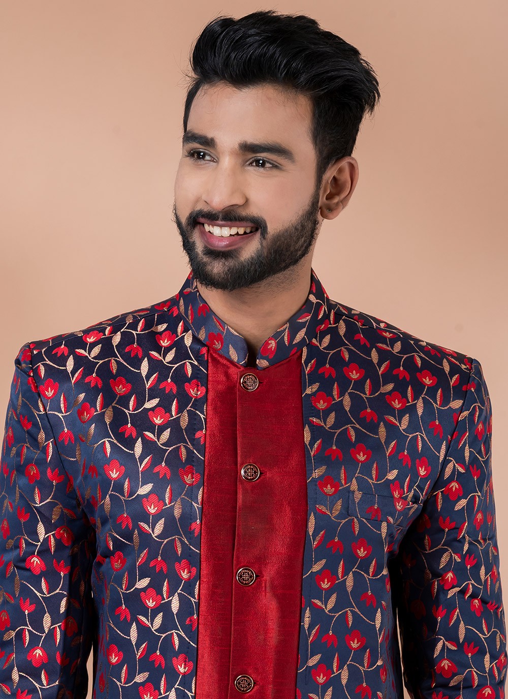 Jacquard Work Banarasi Silk, Jacquard Navy Blue, Red Indo Western - M7040