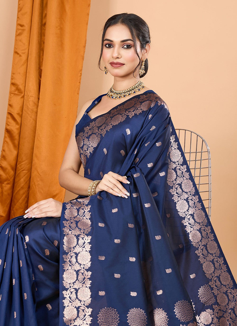 Woven Banarasi Silk Navy Blue Contemporary Saree S15067