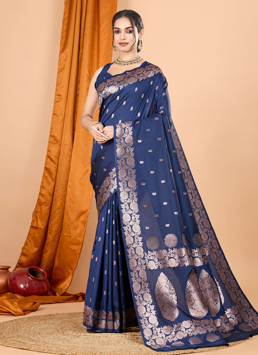 Woven Banarasi Silk Navy Blue Contemporary Saree S15067