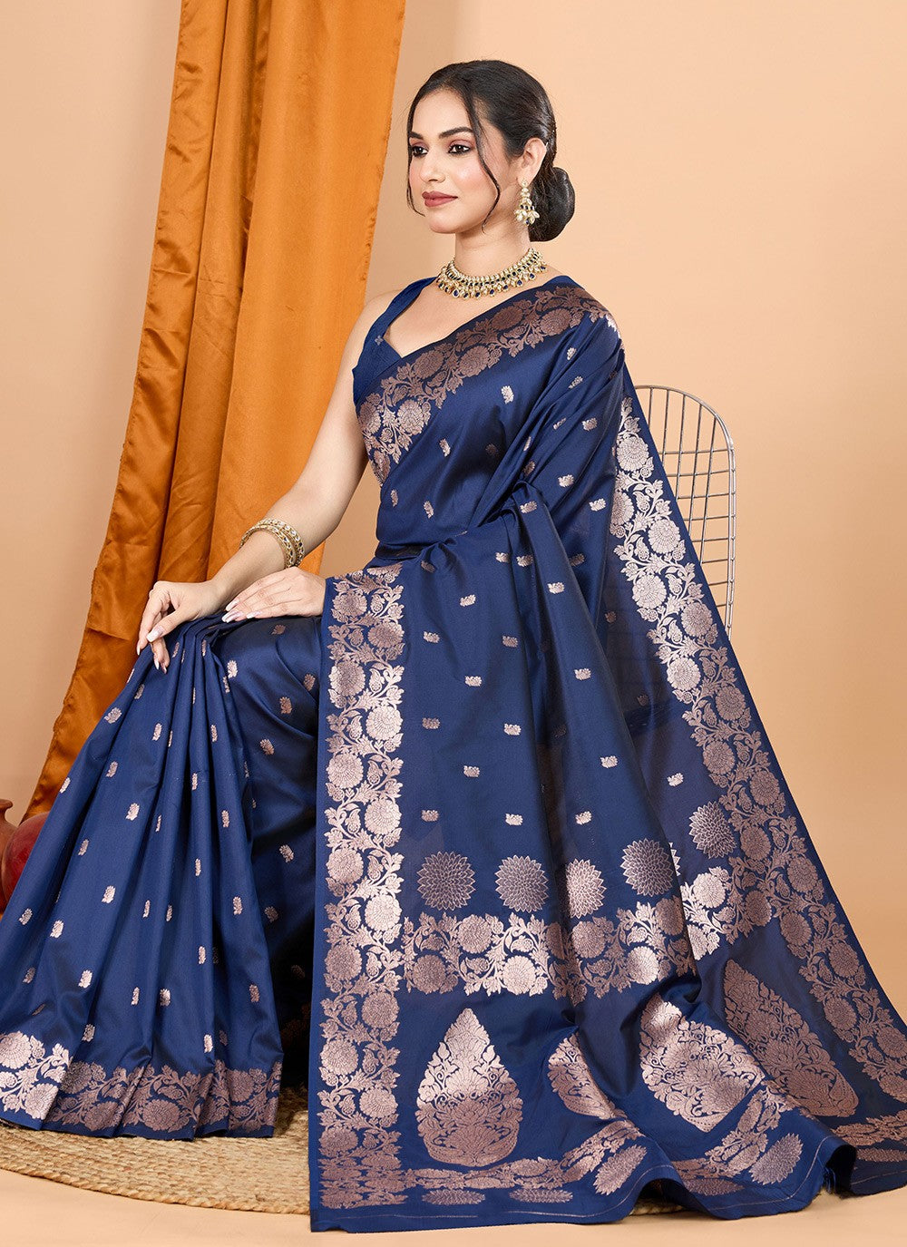 Woven Banarasi Silk Navy Blue Contemporary Saree S15067