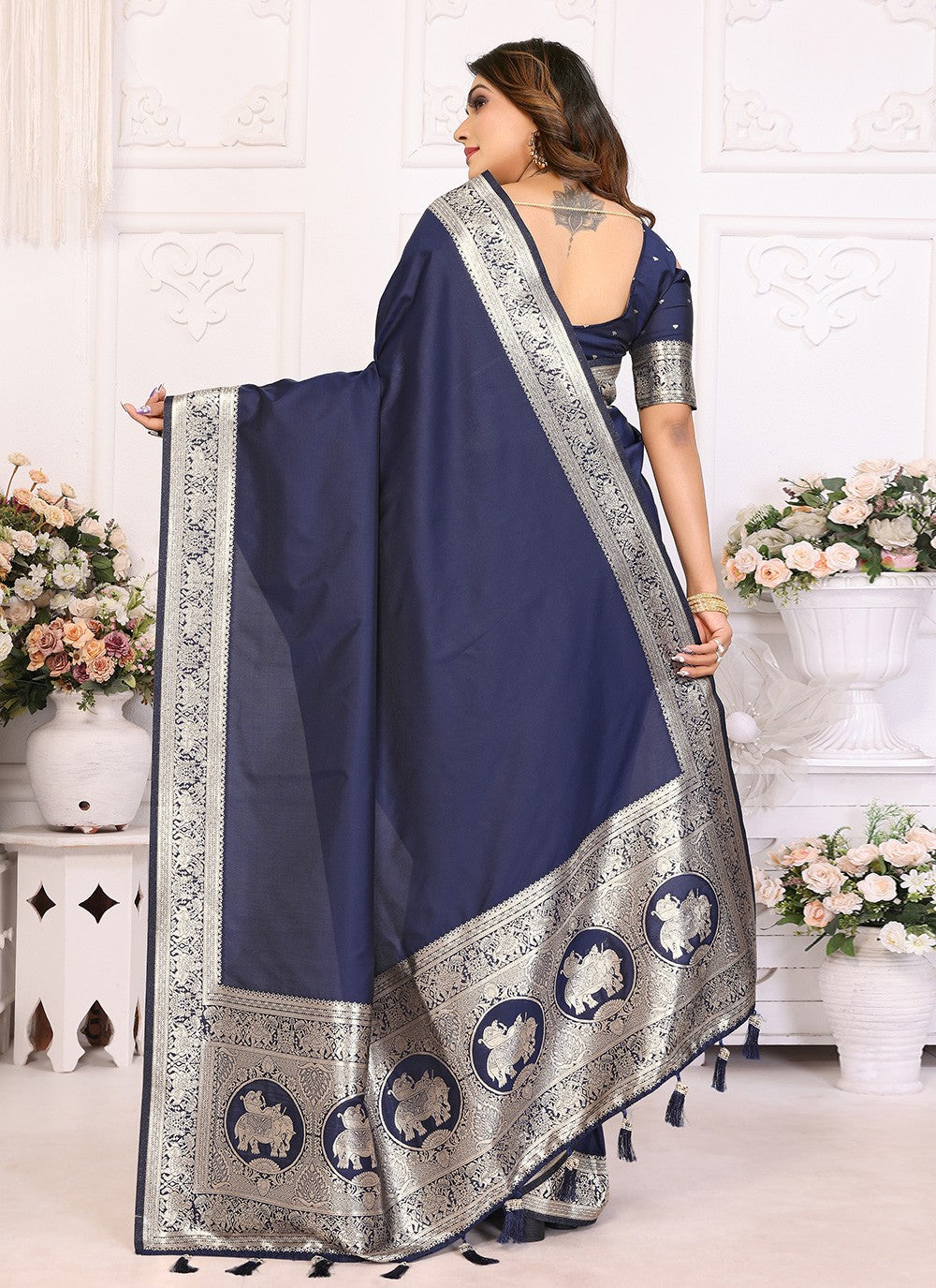 Navy Blue Banarasi Silk Contemporary Saree Jacquard Work, Weaving Zari S17846