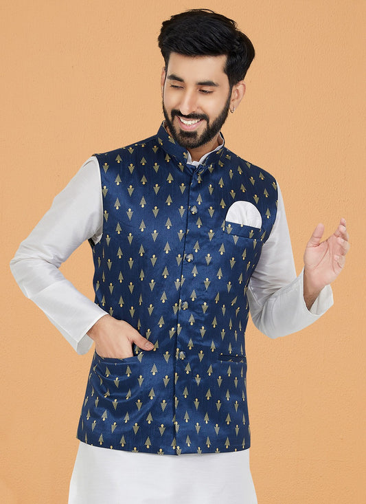 Printed Banarasi Silk Navy Blue Nehru Jackets - M7474