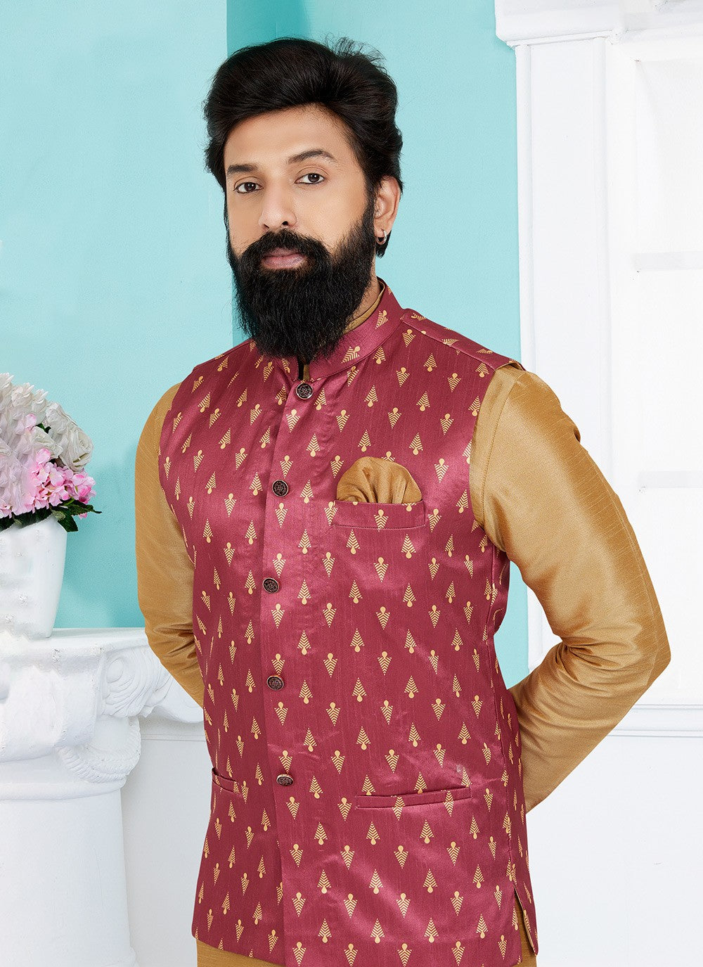 Printed Banarasi Silk Pink Nehru Jackets - M7484