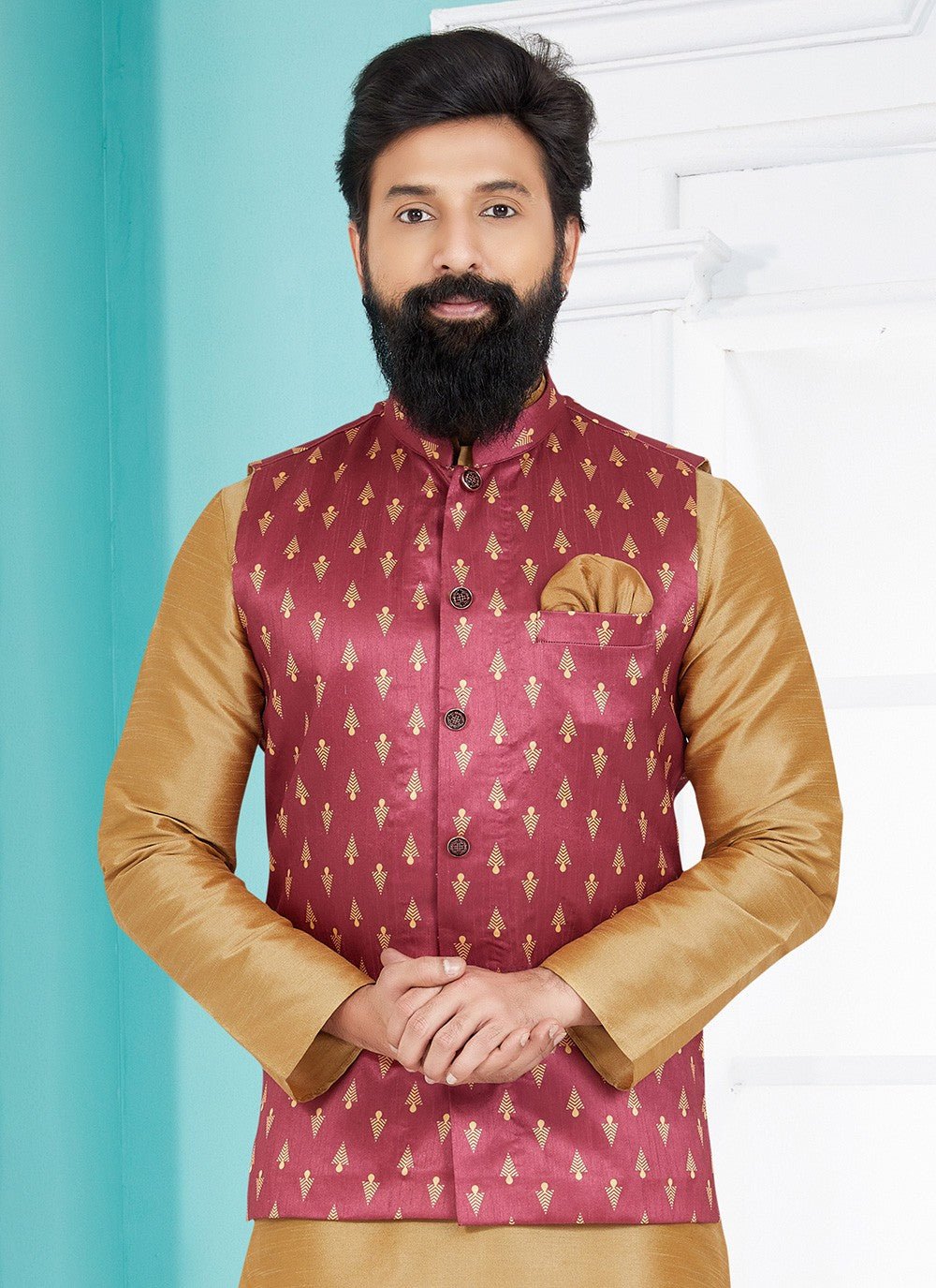 Printed Banarasi Silk Pink Nehru Jackets - M7484