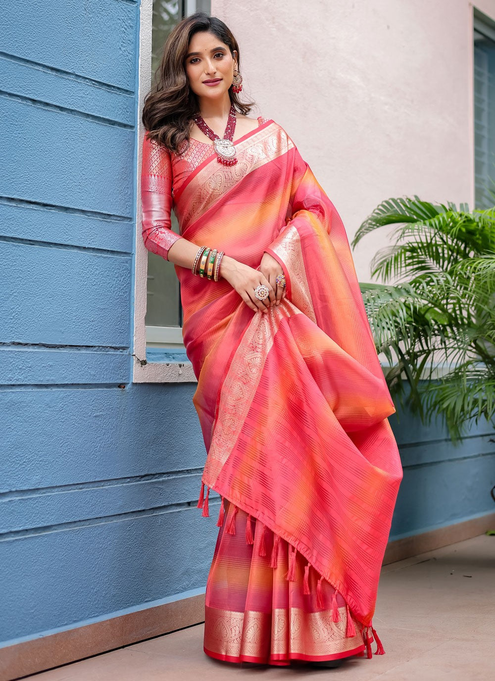 Trendy Saree Woven Orange, Pink Banarasi Silk S12412
