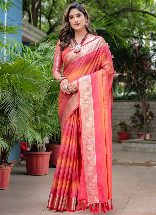 Trendy Saree Woven Orange, Pink Banarasi Silk S12412