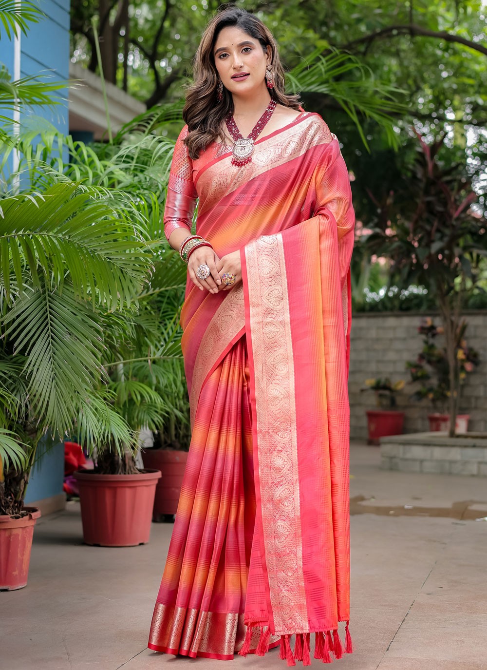 Trendy Saree Woven Orange, Pink Banarasi Silk Saree S12412