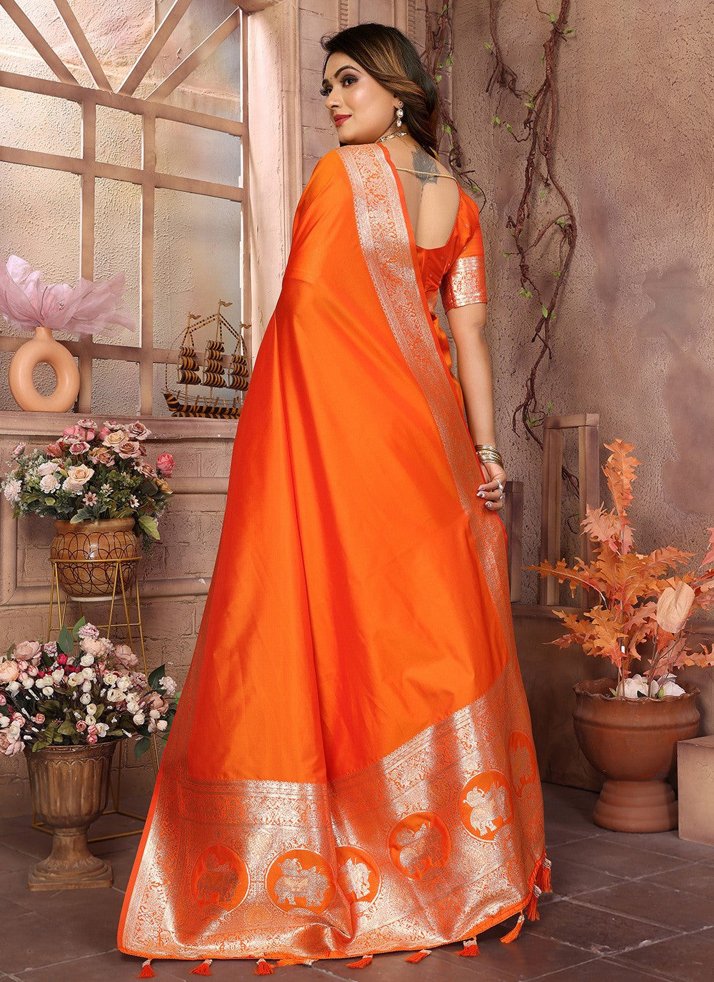Orange Banarasi Silk Classic Saree Jacquard Work, Weaving Zari S17850