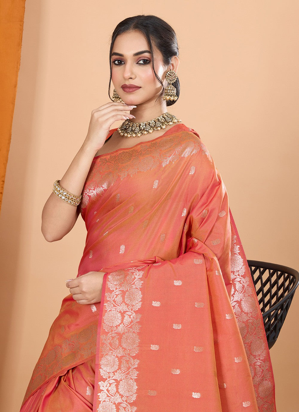 Woven Banarasi Silk Orange Contemporary Saree S15070