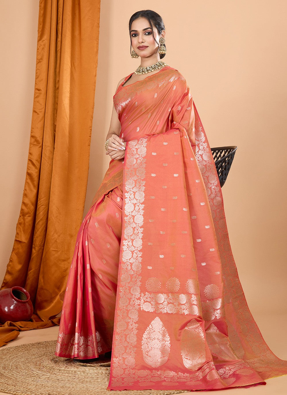 Woven Banarasi Silk Orange Contemporary Saree S15070