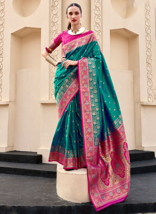 Weaving Zari Banarasi Silk Teal Saree S14669
