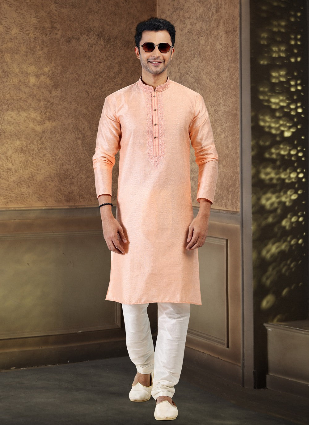 Fancy Work Banarasi Silk, Jacquard Peach Kurta Pyjama - M4861