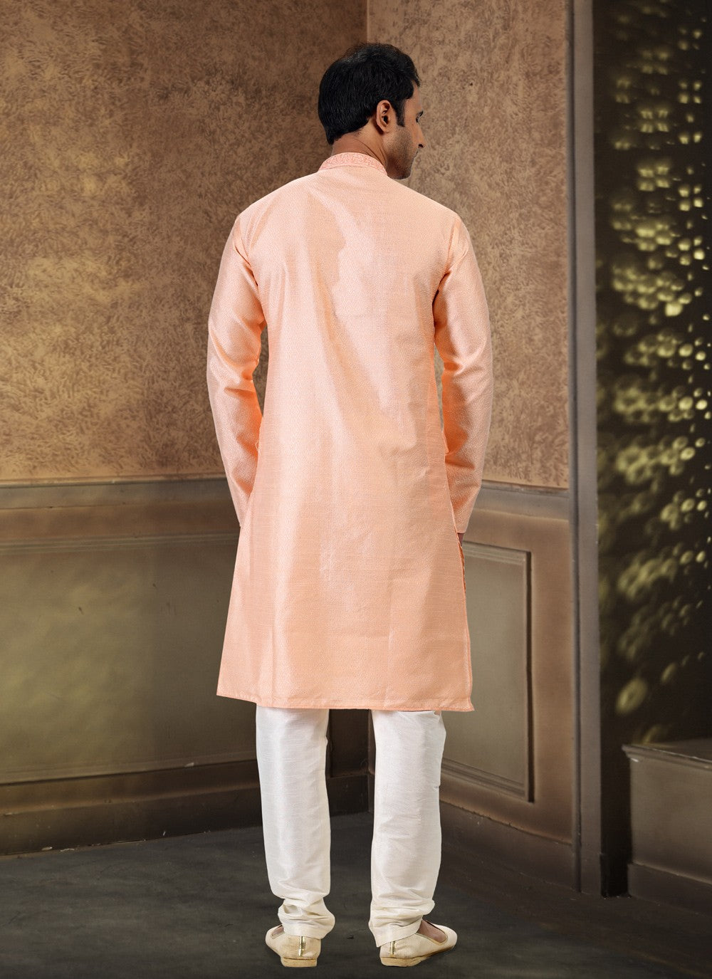 Fancy Work Banarasi Silk, Jacquard Peach Kurta Pyjama - M4861